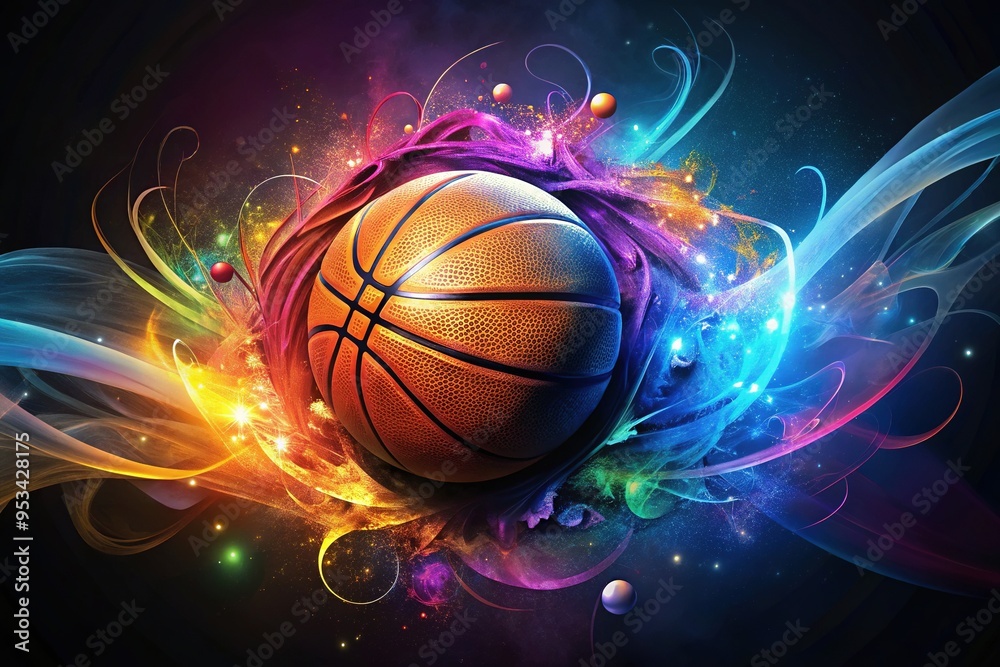 Vibrant abstract illustration of a basketball surrounded by swirling patterns and dynamic shapes, blending athletic energy with modern artistry on a dark background. Vibrant abstract illustration of a basketball surrounded by swirling patterns and dynamic shapes, blending athletic energy with modern artistry on a dark background.