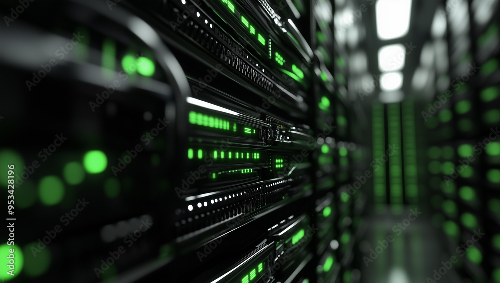 A close-up view of the back side of two rows of server cabinets, featuring green lights glowing from the front panels of each cabinet A close-up view of the back side of two rows of server cabinets, featuring green lights glowing from the front panels of each cabinet
