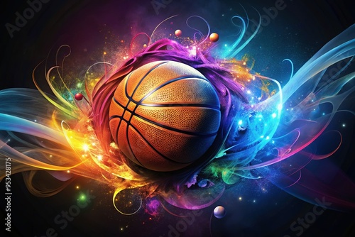 Vibrant abstract illustration of a basketball surrounded by swirling patterns and dynamic shapes, blending athletic energy with modern artistry on a dark background. photo