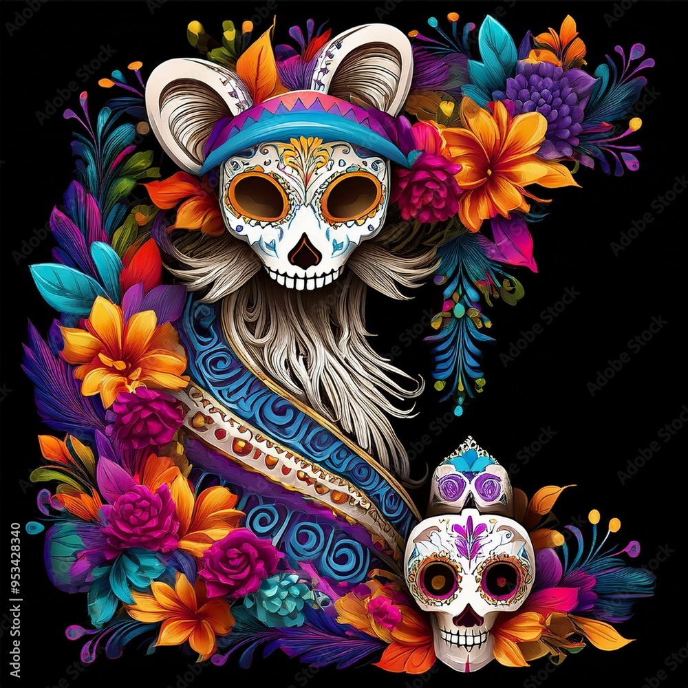 Naklejka premium Vibrant Dia de los Muertos skeleton figures adorned with intricate floral patterns, surrounded by colorful flowers, celebrating Mexican culture.