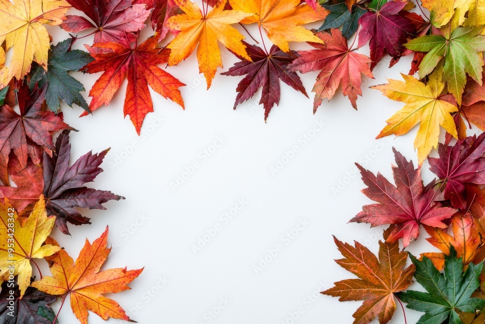 Autumn Maple Leaves Flat Lay White Background created with Generative AI Autumn Maple Leaves Flat Lay White Background created with Generative AI