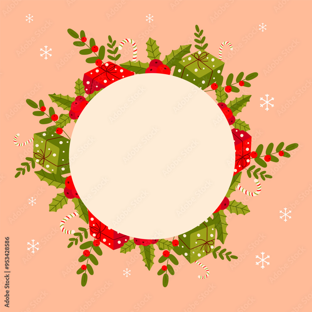 New Year frame, background for a postcard, announcements. gift, candy, branch. On white isolated background. New Year frame, background for a postcard, announcements. gift, candy, branch. On white isolated background.