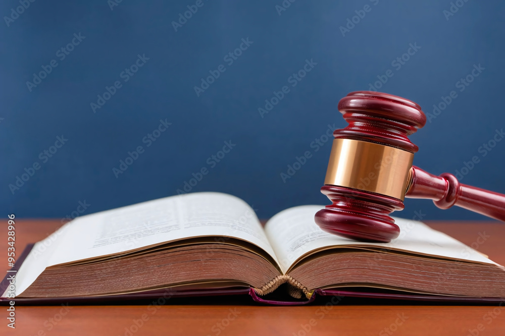 Wooden judge gavel and book on wooden table with blue background Wooden judge gavel and book on wooden table with blue background