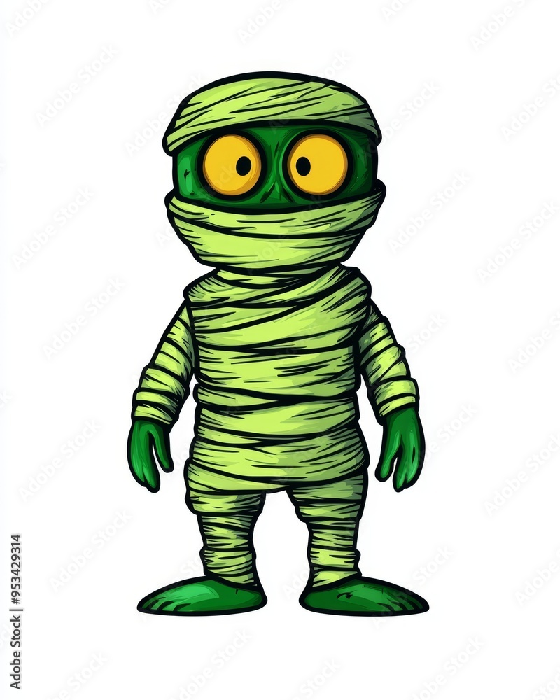 Cute green mummy character for Halloween in doodle style isolated on a white background Cute green mummy character for Halloween in doodle style isolated on a white background
