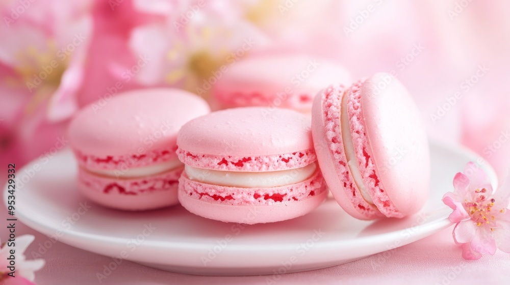 Sweet pink macarons neatly arranged on a white plate, with a soft pink background enhancing the pastel colors and delicate texture of the treats. Sweet pink macarons neatly arranged on a white plate, with a soft pink background enhancing the pastel colors and delicate texture of the treats.
