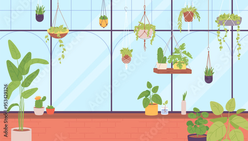 Greenhouse interior with hanging houseplants and ceramic flowerpots