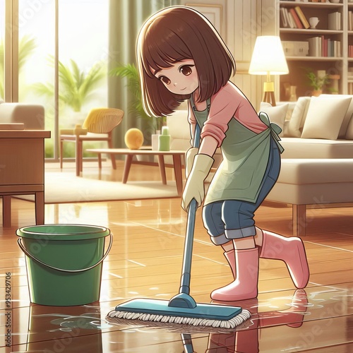 Mopping Cleaning floors with water and a mop to remove stains an photo