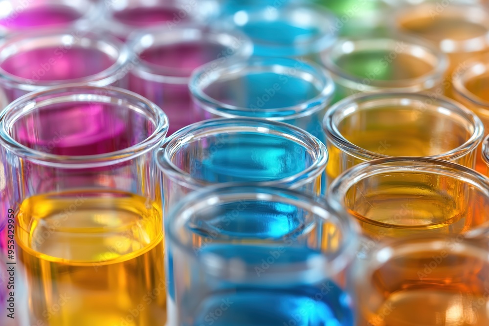 Row of colorful liquid samples in test tubes. Row of colorful liquid samples in test tubes.