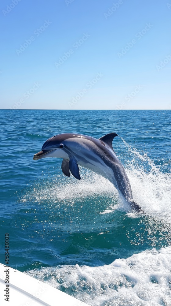Fototapeta premium Playful Dolphin Leaping Joyfully NearBoat inBright Blue Ocean Scene