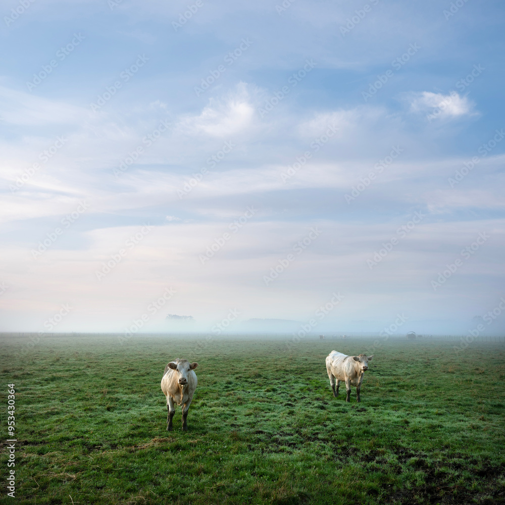 cows during sunrise on misty morning in valley of river Aisne near Charleville mezieres in champagne ardenne cows during sunrise on misty morning in valley of river Aisne near Charleville mezieres in champagne ardenne