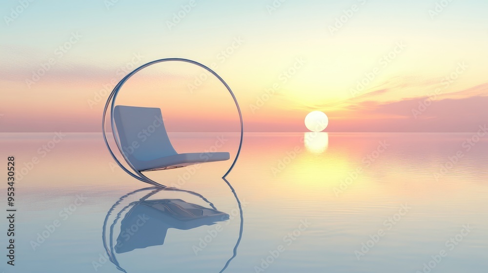 Modern chair, metal frame, translucent material, reflection, reflective water surface, calm sea, circular opening, soft sky, sunse Modern chair, metal frame, translucent material, reflection, reflective water surface, calm sea, circular opening, soft sky, sunse