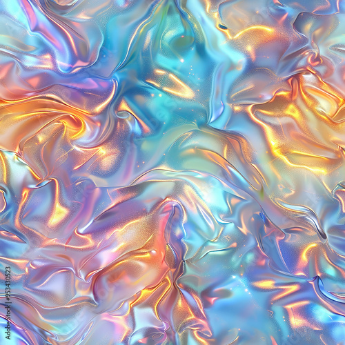 Seamless rainbow metallic irridescent abstract multi colored wavy liquid background.