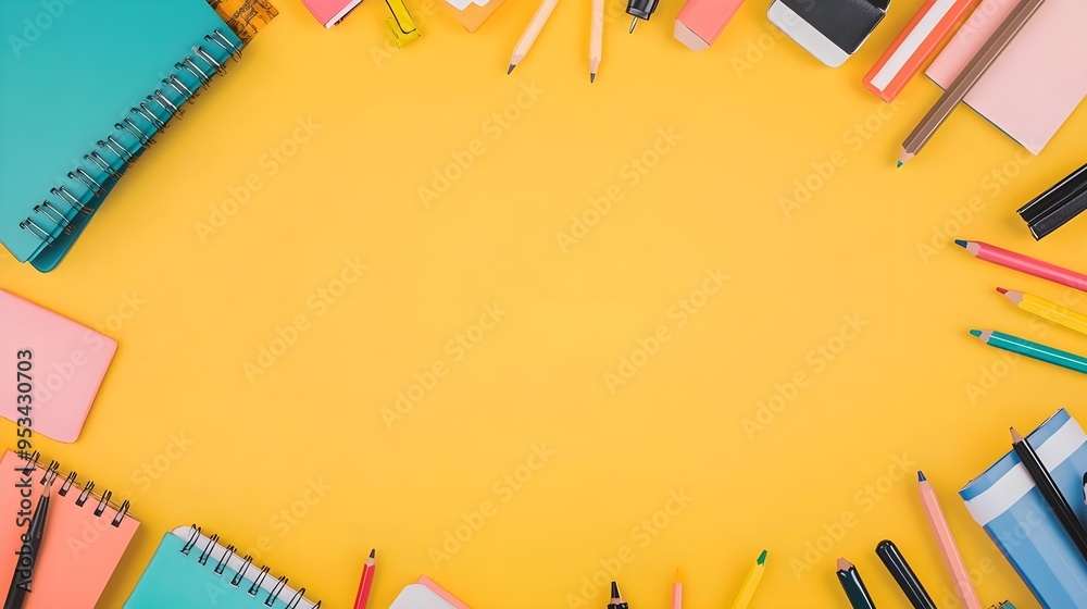 Colorful School Supplies Frame on Yellow Background Colorful School Supplies Frame on Yellow Background