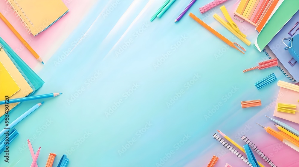 Colorful School Supplies on Blue and Pink Background Colorful School Supplies on Blue and Pink Background