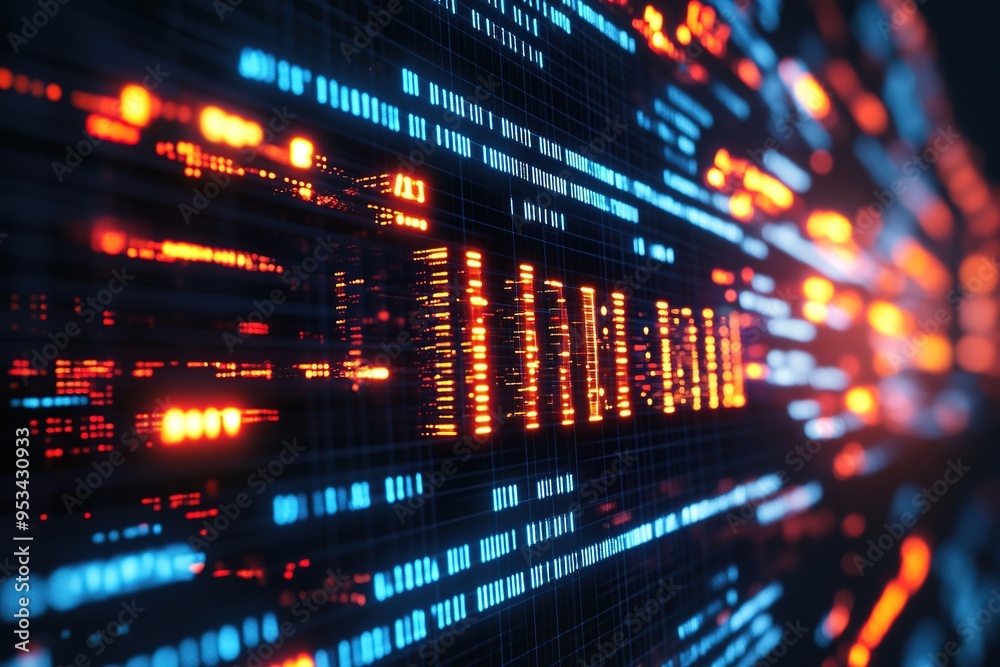 Digital data code stream in red and blue on black Digital data code stream in red and blue on black