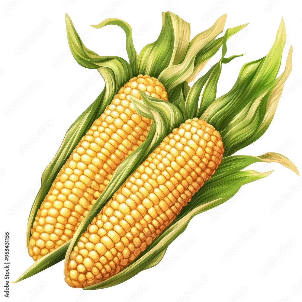Obraz premium Two fresh corn cobs display vibrant yellow kernels and lush green husks, showcasing their agricultural charm, corn cobsillustration on transparent background
