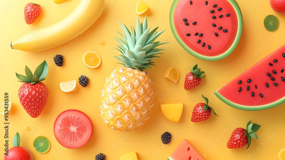 Cartoon-style illustration of tropical fruits. The background is bright and vibrant, with various shapes of watermelon, pineapple, banana, strawberry, and mango Cartoon-style illustration of tropical fruits. The background is bright and vibrant, with various shapes of watermelon, pineapple, banana, strawberry, and mango