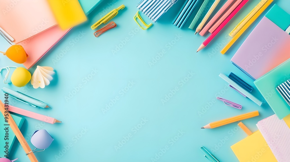 Fototapeta premium Colorful Stationery Background, School Supplies, Blue Background