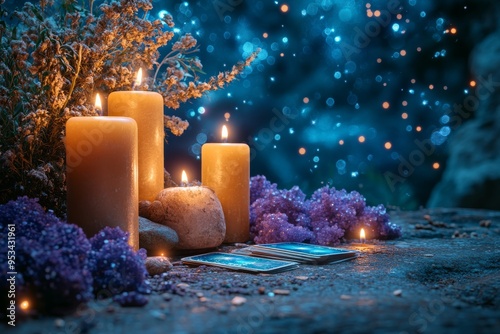 A mystical tarot reading scene under a starlit sky, with celestial-themed cards spread on a table surrounded by glowing candles and crystals. Generative AI photo