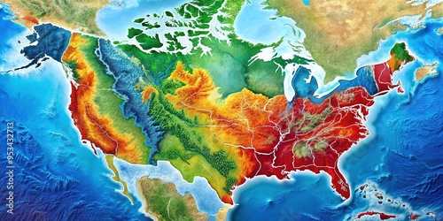 Vibrant colorful map illustrates the geographical border between the United States of America and Canada, highlighting shared lakes, rivers, and rugged wilderness landscapes. photo