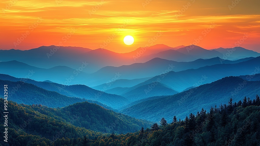 Obraz premium The sun sets over mountainous valley trees, with a forest in the background