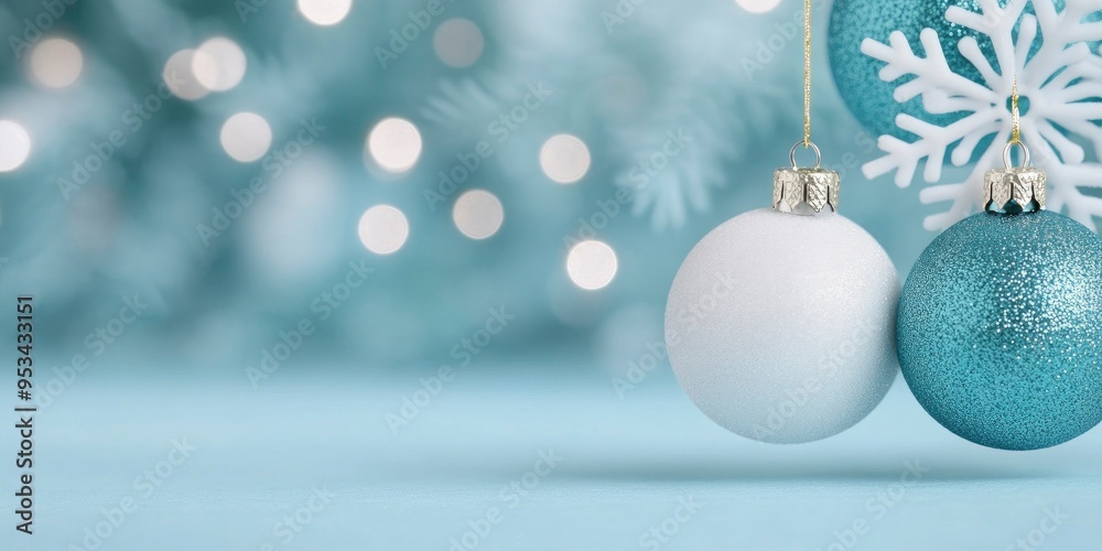 snowflakes and christmas balls on blue background with bokeh light effect, christmas day decoration concept, Dec 25, 2024 snowflakes and christmas balls on blue background with bokeh light effect, christmas day decoration concept, Dec 25, 2024
