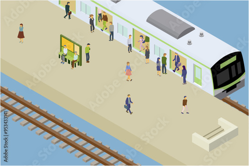 通勤、通学時の駅のホームの整列乗車の風景。アイソメトリックのイラスト。