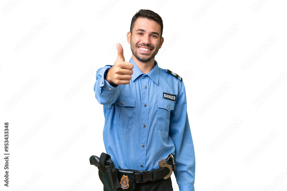Young police caucasian man over isolated background with thumbs up because something good has happened Young police caucasian man over isolated background with thumbs up because something good has happened
