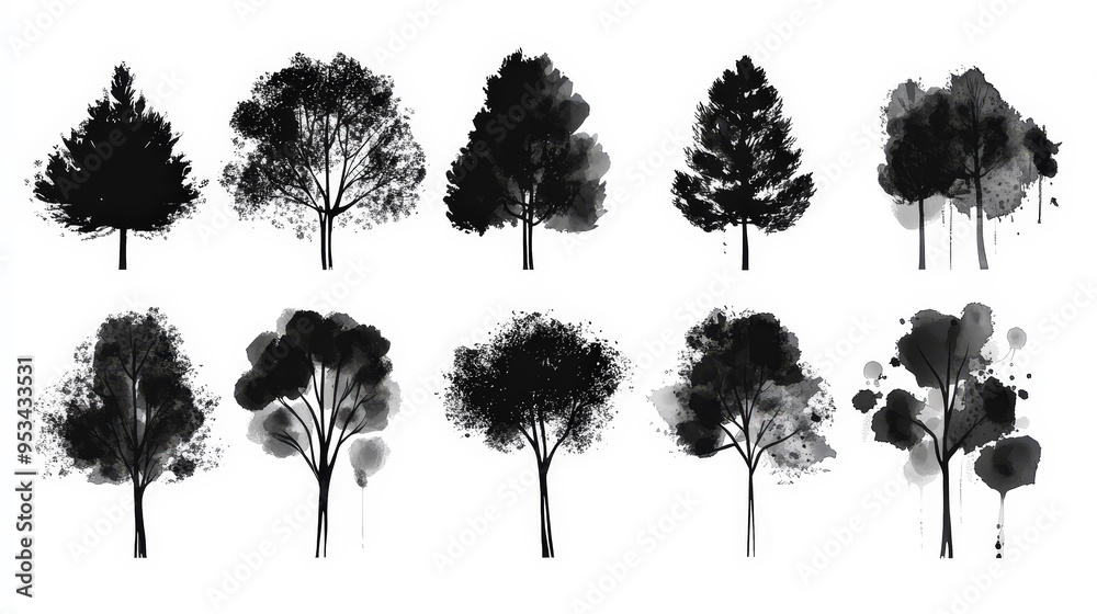 Fototapeta premium Trendy set of black silhouettes of trees on a white background, made with ink, rough brushstrokes. Generative AI