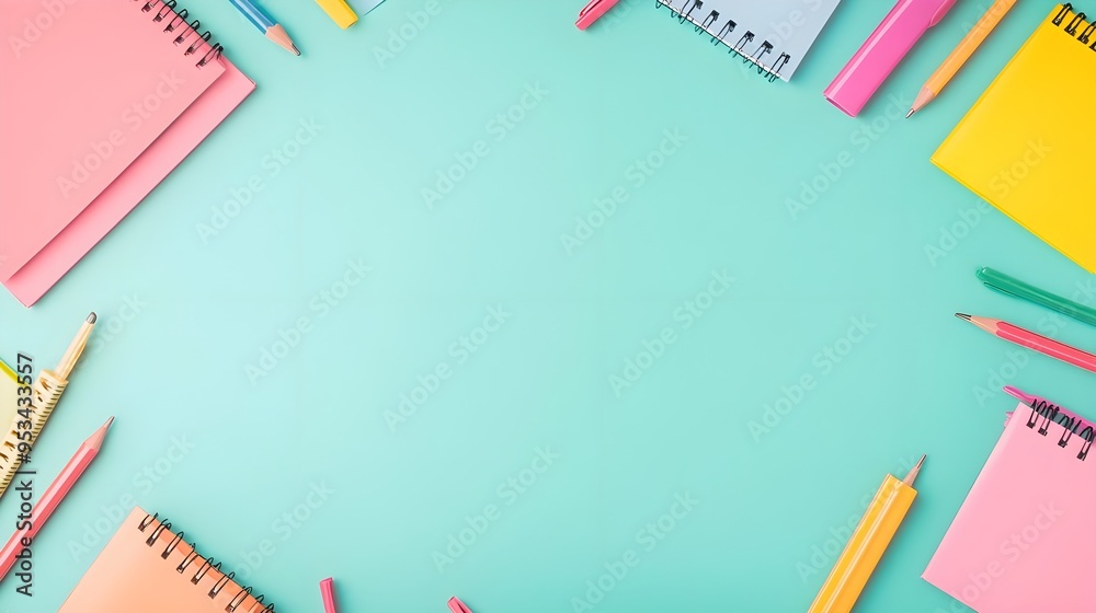 Colorful Stationery on Mint Background - Copy Space Colorful Stationery on Mint Background - Copy Space