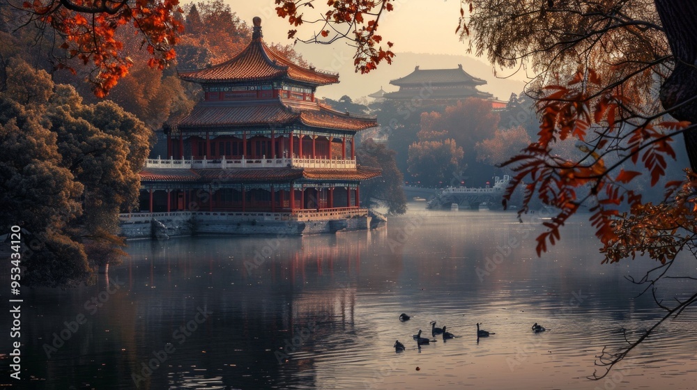 Fototapeta premium A picturesque Chinese building on a serene lake island in autumn, surrounded by birds and colorful trees, resembles a classic Chinese painting come to life.