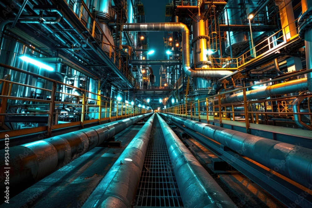 Obraz premium A close-up shot of industrial pipes and equipment in a large industrial area