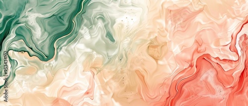 An abstract background with dynamic swirling patterns of green, red, orange and white colours, reminiscent of flowing water or natural landscapes, creates a bright and elegant composition.