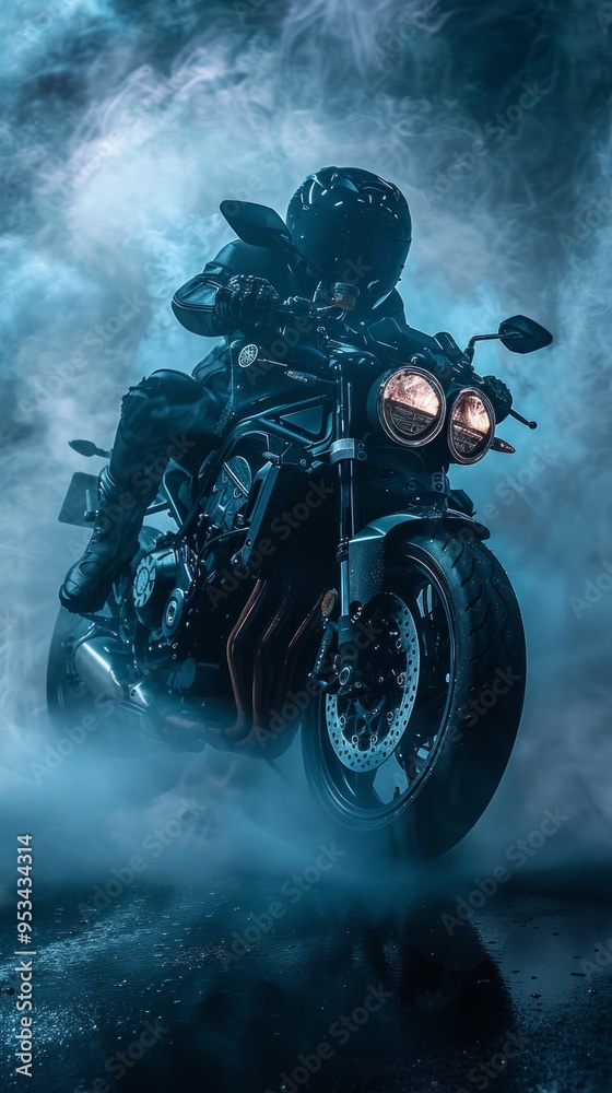 Image shows a person on a motorcycle with a dramatic trail of blue and white smoke. Rider in black attire, blurred background emphasizes the motorcycle. Image shows a person on a motorcycle with a dramatic trail of blue and white smoke. Rider in black attire, blurred background emphasizes the motorcycle.