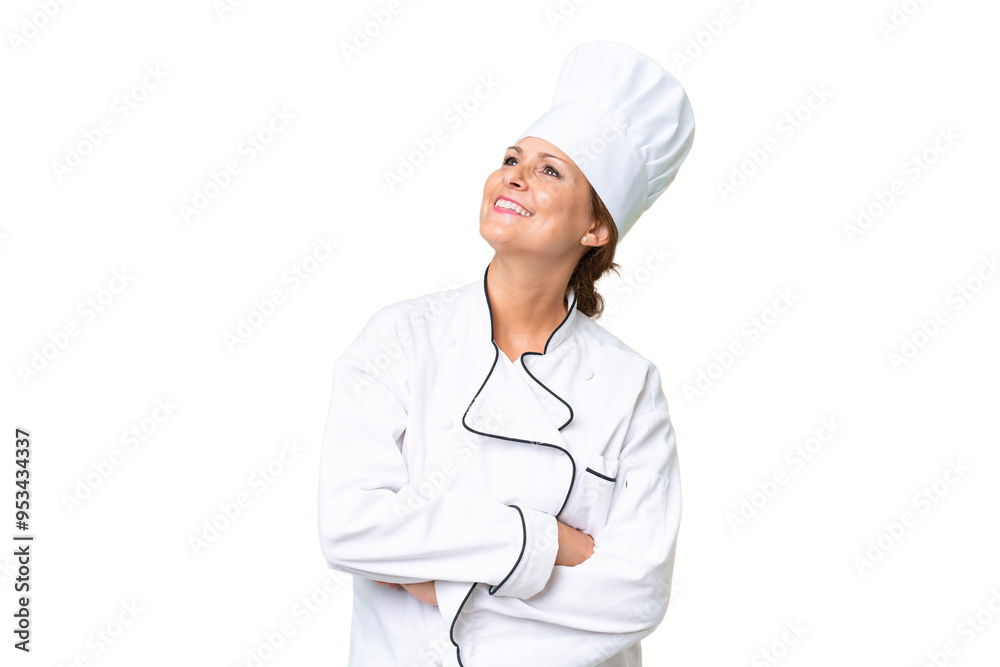 Middle-aged chef woman over isolated background happy and smiling Middle-aged chef woman over isolated background happy and smiling