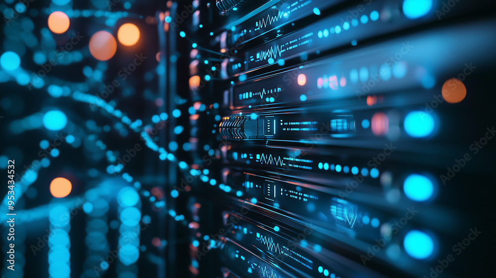 A detailed close-up of a meticulously organized network cable management system A detailed close-up of a meticulously organized network cable management system