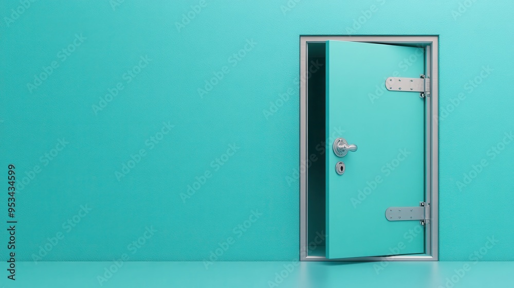 A minimalist turquoise door, slightly ajar, against a matching textured wall, symbolizing opportunity, security, and potential change. A minimalist turquoise door, slightly ajar, against a matching textured wall, symbolizing opportunity, security, and potential change.