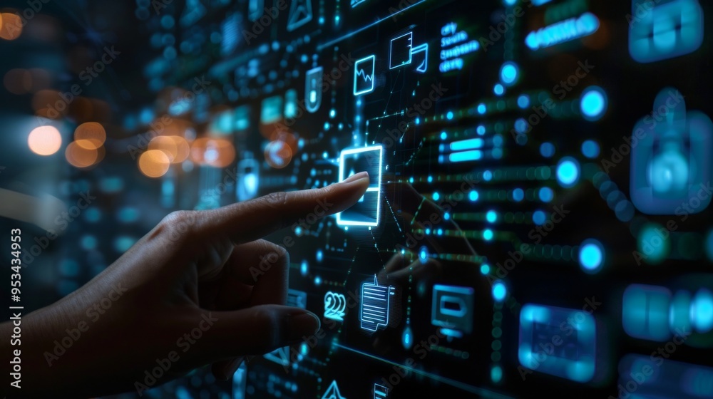 The hand interacts with the touch screen, which displays multi-coloured icons on a dark blue background, against a cityscape. The hand interacts with the touch screen, which displays multi-coloured icons on a dark blue background, against a cityscape.