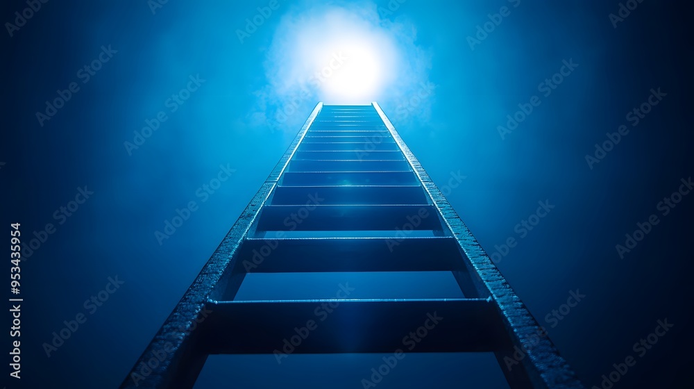 Ladder to Success: A ladder reaching towards a bright light symbolizes the climb, determination, and ambition needed for startup success. Ladder to Success: A ladder reaching towards a bright light symbolizes the climb, determination, and ambition needed for startup success.
