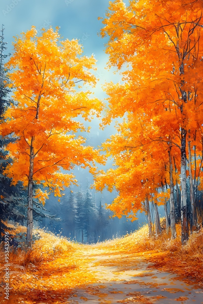 Fototapeta premium Watercolor Thanksgiving scene with vivid yellow leaves and clear blue sky shining with sunlight