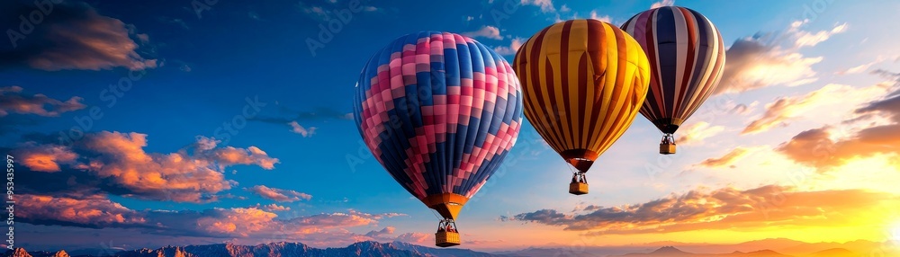 Obraz premium Dreamy hot air balloon festival with colorful balloons, floating above picturesque landscapes, whimsical adventure, aerial vistas, pencil illustration, high-quality, realistic :: blue skies,