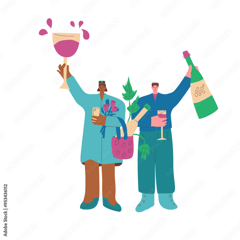 Friends meeting with beverage. Wine tasting event. Cute characters with wineglasses. Vector hand drawn illustration isolated on white background. Friends meeting with beverage. Wine tasting event. Cute characters with wineglasses. Vector hand drawn illustration isolated on white background.