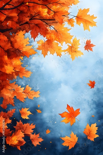 Watercolor background featuring Thanksgiving with sunny blue sky and golden yellow maple leaves