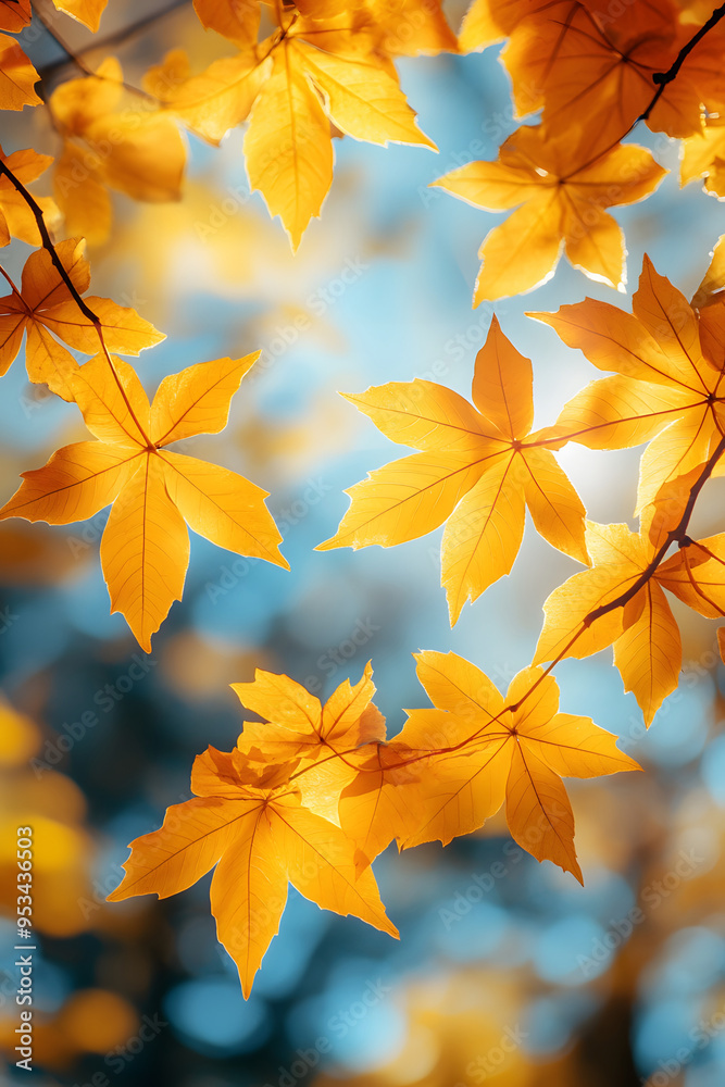 Warm Thanksgiving background with watercolor effect of bright yellow leaves and sunny blue sky Warm Thanksgiving background with watercolor effect of bright yellow leaves and sunny blue sky