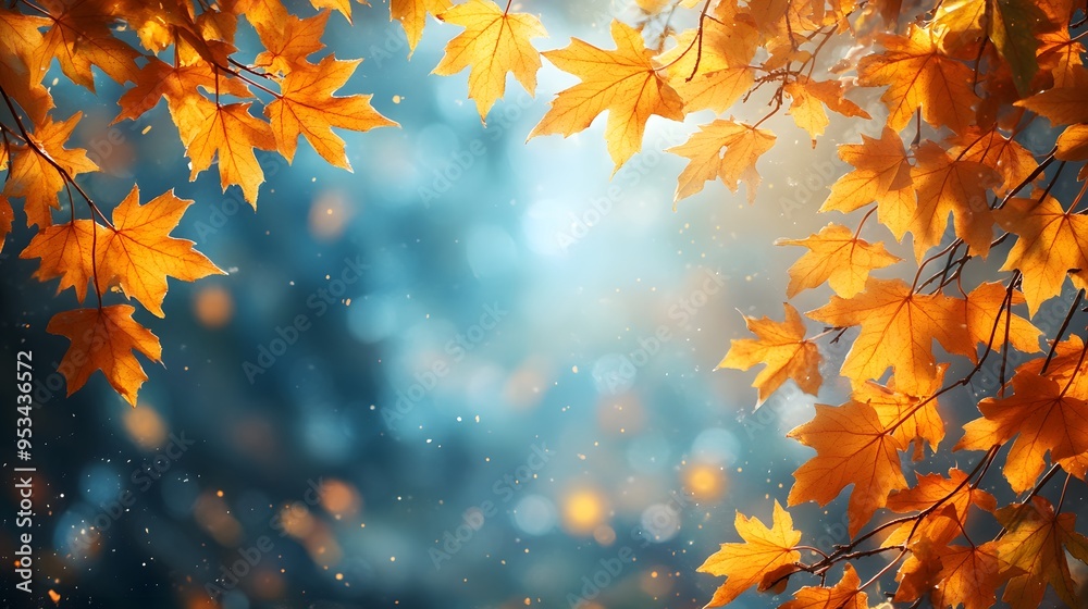 Thanksgiving background with vibrant yellow maple leaves, bright blue sky, and sunlight filtering through, watercolor style Thanksgiving background with vibrant yellow maple leaves, bright blue sky, and sunlight filtering through, watercolor style