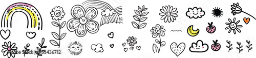 Charcoal doodle flower power clipart groovy rainbow hearts strawberry moon sun retro vintage hippie stickers ideal for digital downloads sublimation designs t shirts mugs tumblers and scrapbooking
