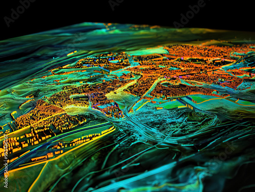 Technical aerial visual, 3D LiDAR GIS aerial map satellite scan model isolated, showing Coimbatore, India. Elevation, topography, render photo