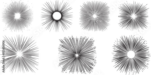 Charcoal Doodle Scribble Set sunburst radial lines in black handdrawn style with explosion speed lines and starburst shine ideal for retro vintage design graphic resources and clipart