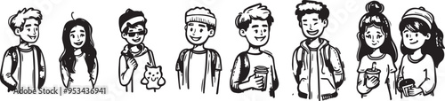 Hand drawn illustration of diverse group of people in casual clothing showcasing lifestyle youth culture friendship and community in a trendy graphic design style perfect for social gatherings