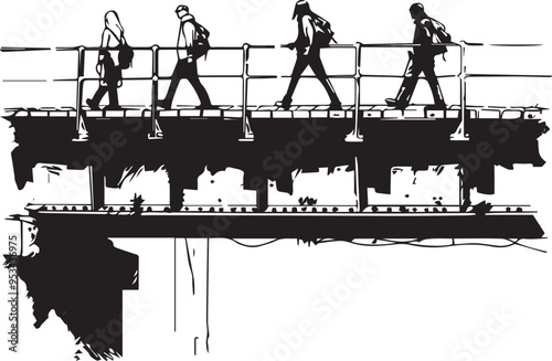 Charcoal Doodle Illustration of Four People Walking on Bridge in Showcasing Cityscape Urban Life Minimalist Artwork Architecture Design Element Silhouette for Graphic Modern Art Print